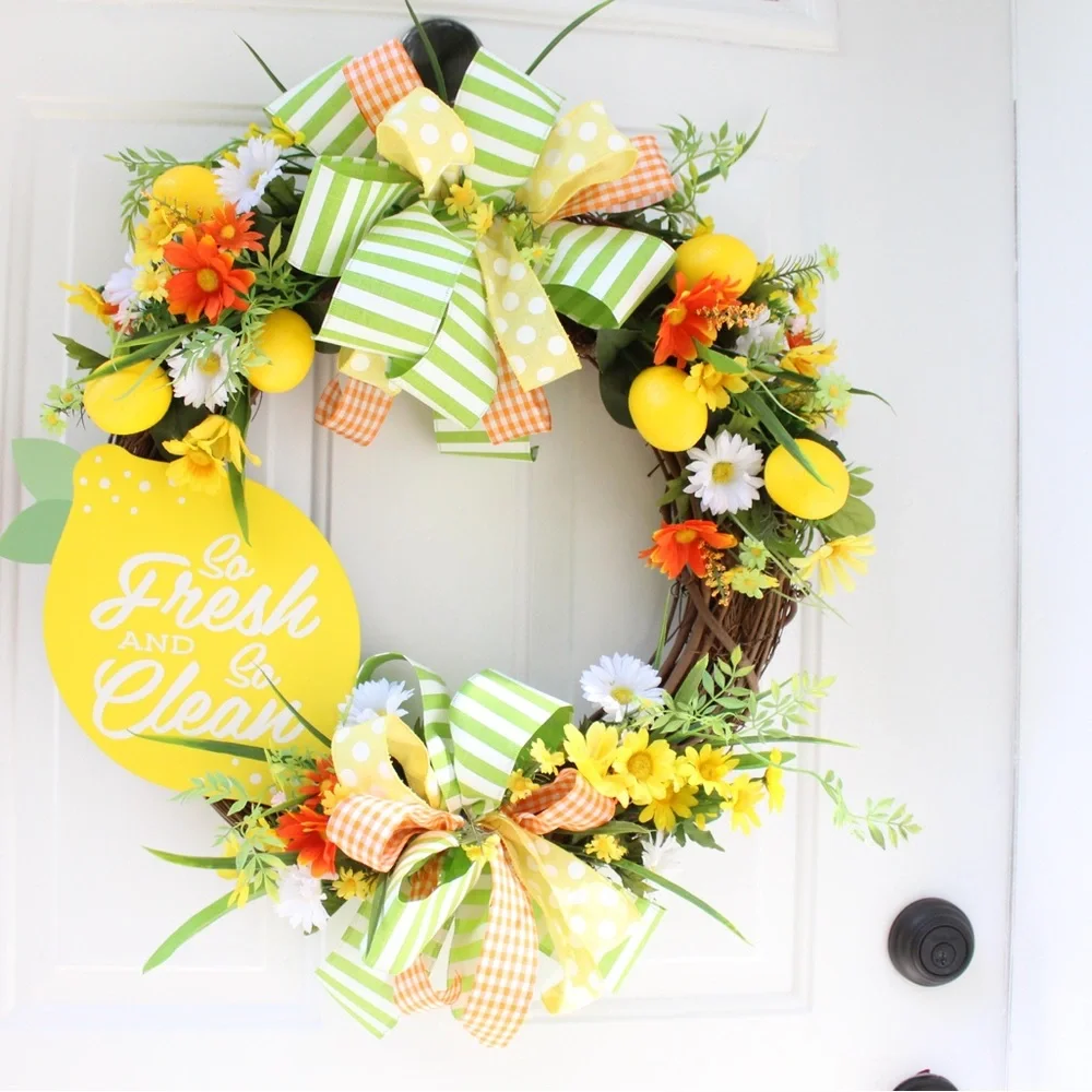 Summer Lemon Grapevine Welcome Wreath for Front Door, Citrus Decor for Home - Picture 9 of 12
